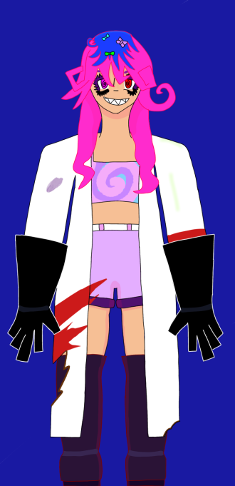 Kitchen Staff's persona, who is wearing a slightly damaged lab coat with blood on it, rubber 'Mad scientist' gloves, a crop top with a light purple, darker purple and blue swirls with a pastel purple shorts.He also has deep dark seddish purple colored high heeled boots that go past his knees.